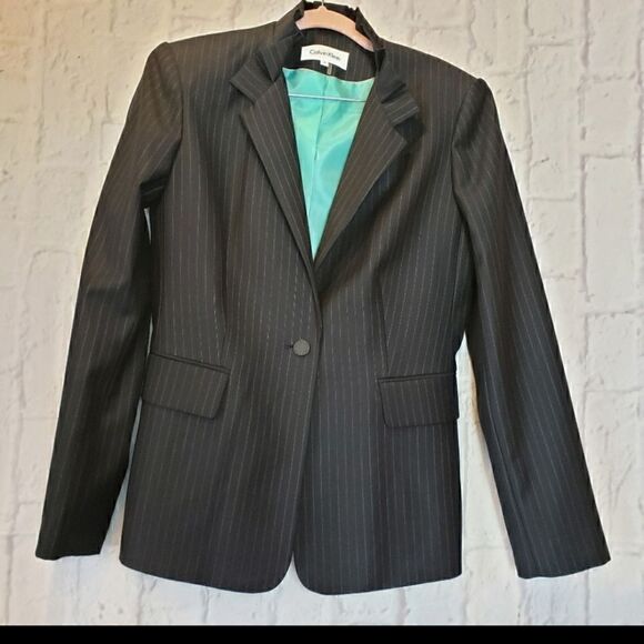 CALVIN KLEIN PINSTRIPE RUFFLED COLLAR CLASSIC BLAZER - Picture 2 of 10